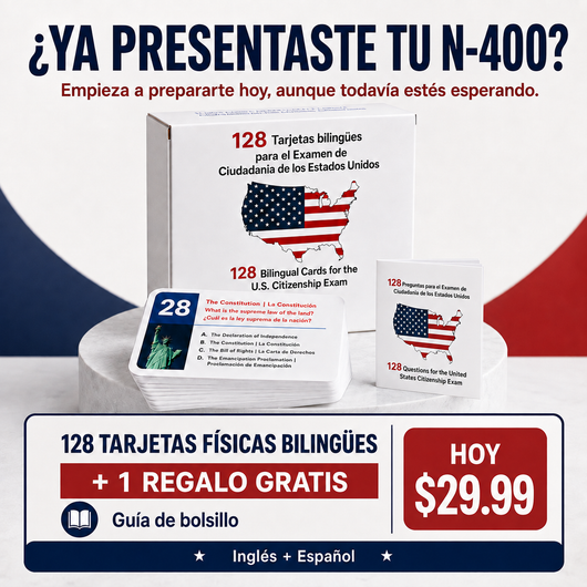 US Citizenship Flash Cards 2026 — 128 USCIS Civics Questions & Answers, Bilingual English & Spanish